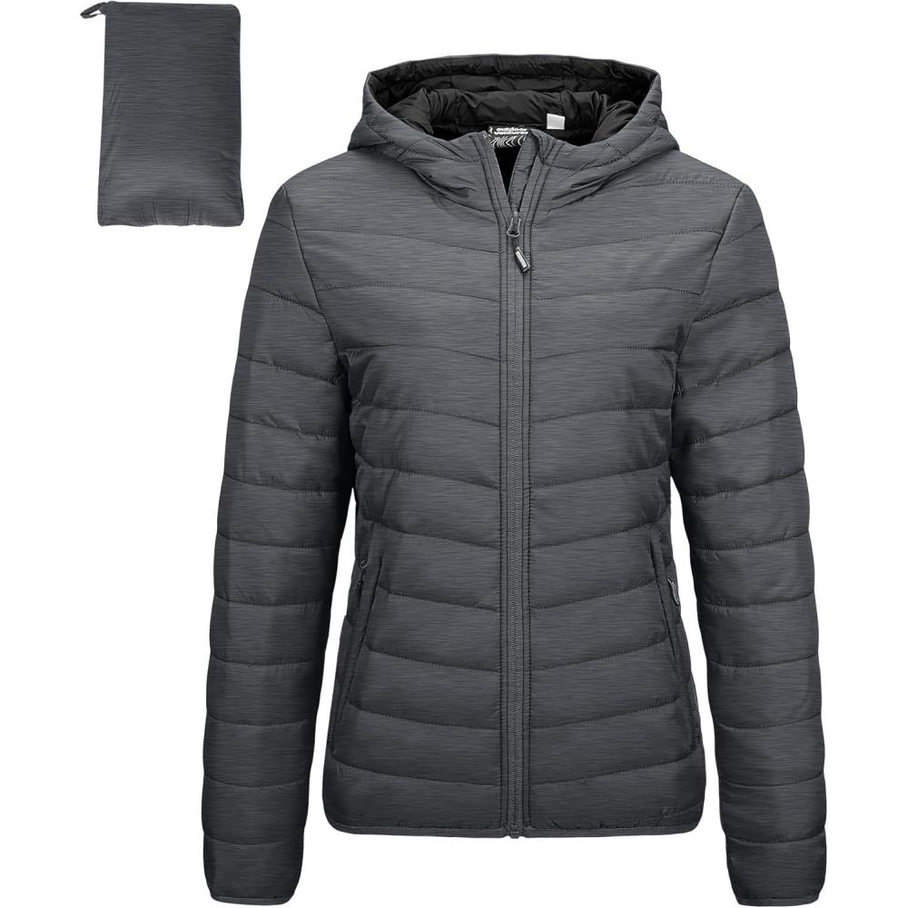 imageOutdoor Ventures Womens Packable Lightweight FullZip Puffer Jacket with Hood Quilted Winter CoatDark Grey Heatherfold in Pocket