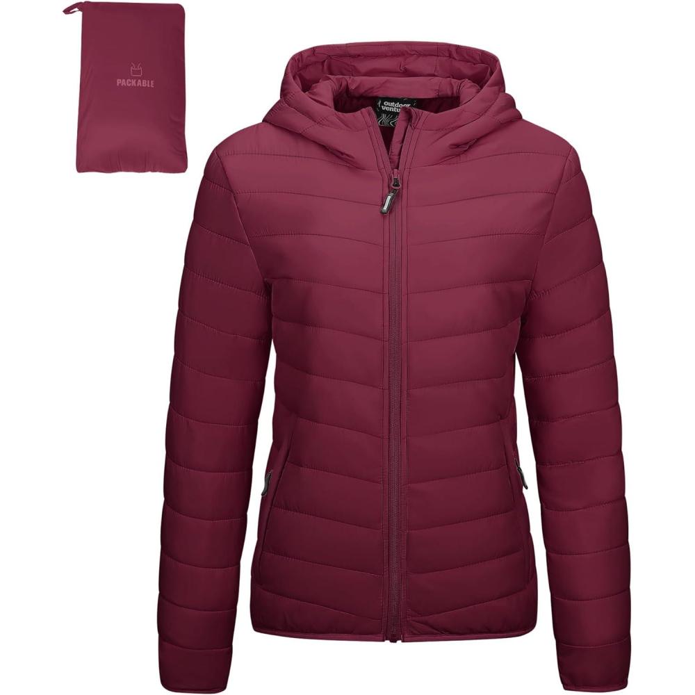 imageOutdoor Ventures Womens Packable Lightweight FullZip Puffer Jacket with Hood Quilted Winter CoatDark Redfold in Pocket