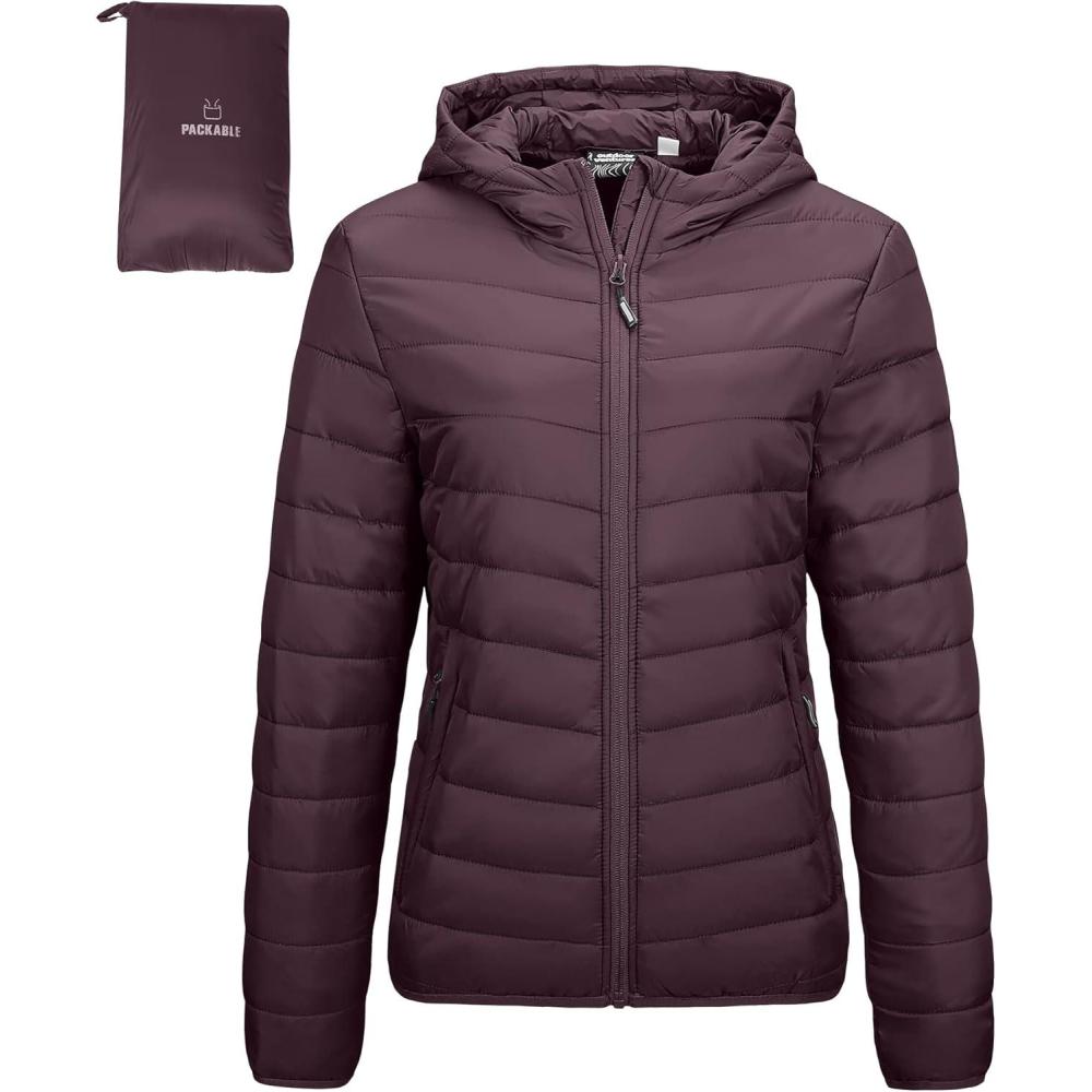 imageOutdoor Ventures Womens Packable Lightweight FullZip Puffer Jacket with Hood Quilted Winter CoatEggplantfold in Pocket