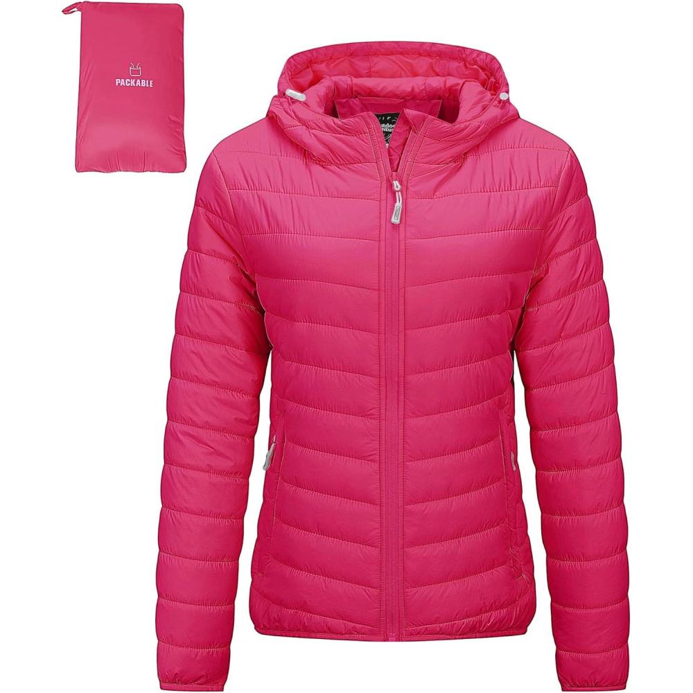 imageOutdoor Ventures Womens Packable Lightweight FullZip Puffer Jacket with Hood Quilted Winter CoatHot Pinkfold in Pocket