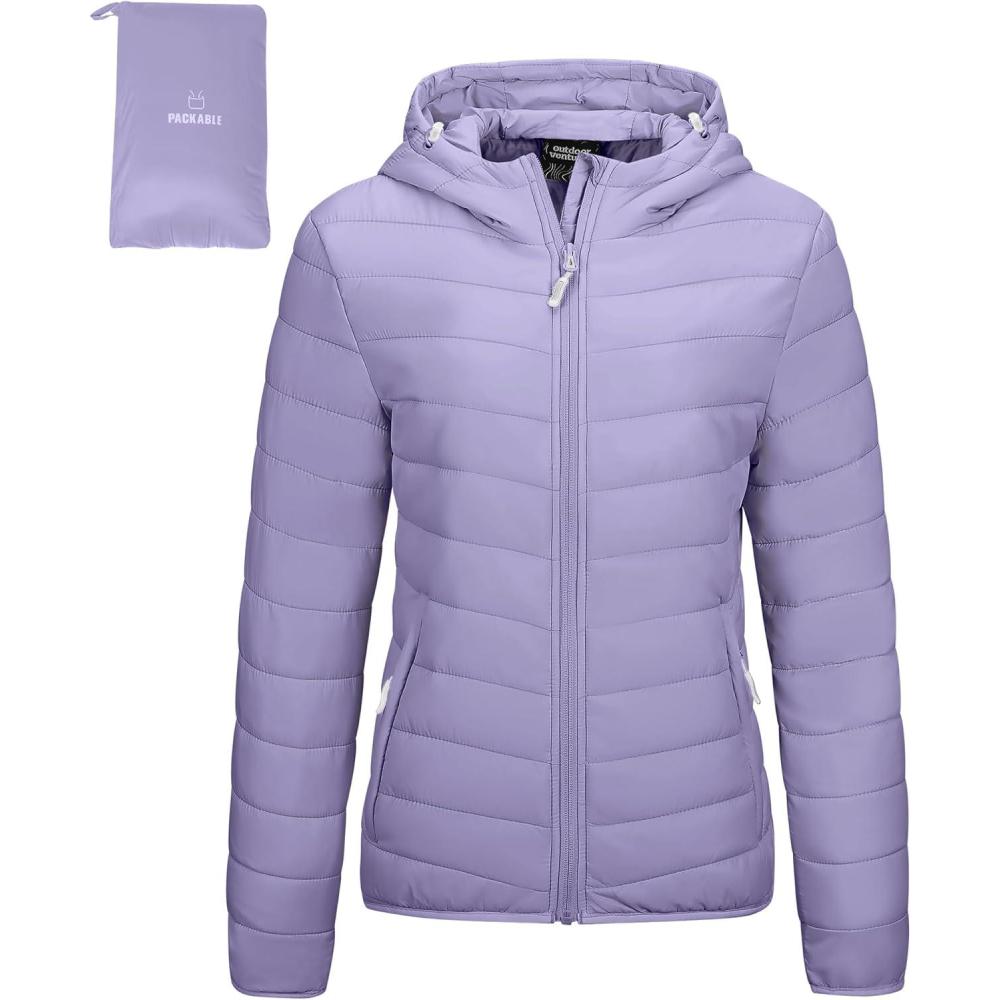 imageOutdoor Ventures Womens Packable Lightweight FullZip Puffer Jacket with Hood Quilted Winter CoatLavenderfold in Pocket