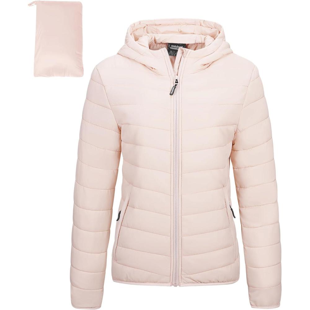 imageOutdoor Ventures Womens Packable Lightweight FullZip Puffer Jacket with Hood Quilted Winter CoatPinkfold in Pocket