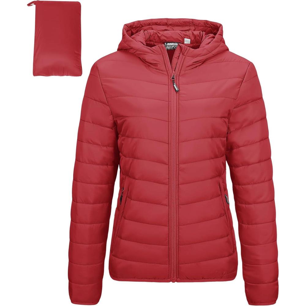 imageOutdoor Ventures Womens Packable Lightweight FullZip Puffer Jacket with Hood Quilted Winter CoatRedfold in Pocket
