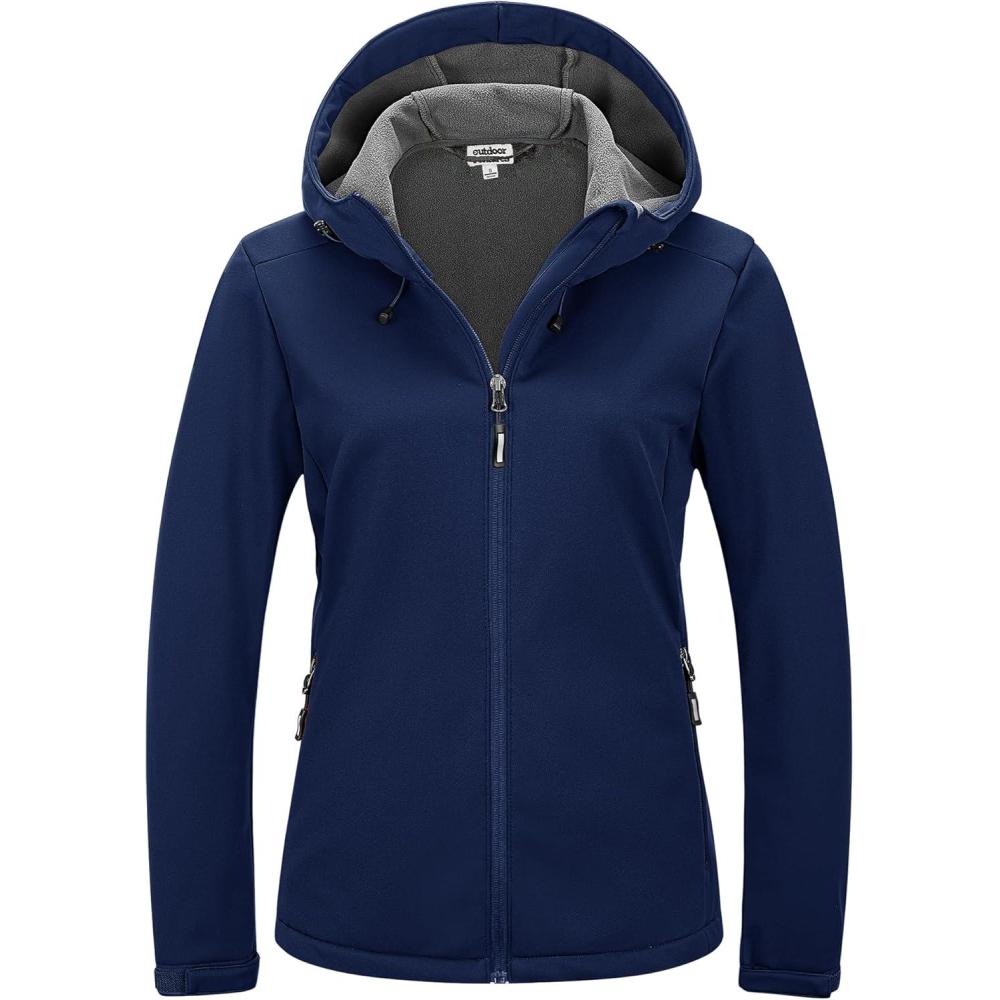 imageOutdoor Ventures Womens Softshell Jacket Waterproof Warm Fleece Lined Lightweight Windproof Hooded Insulated WindbreakerBlue