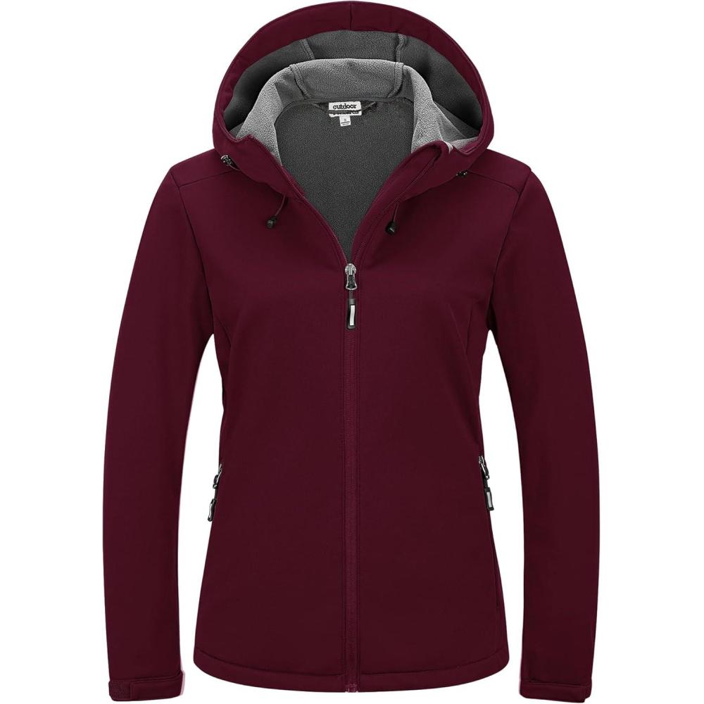 imageOutdoor Ventures Womens Softshell Jacket Waterproof Warm Fleece Lined Lightweight Windproof Hooded Insulated WindbreakerWine Red
