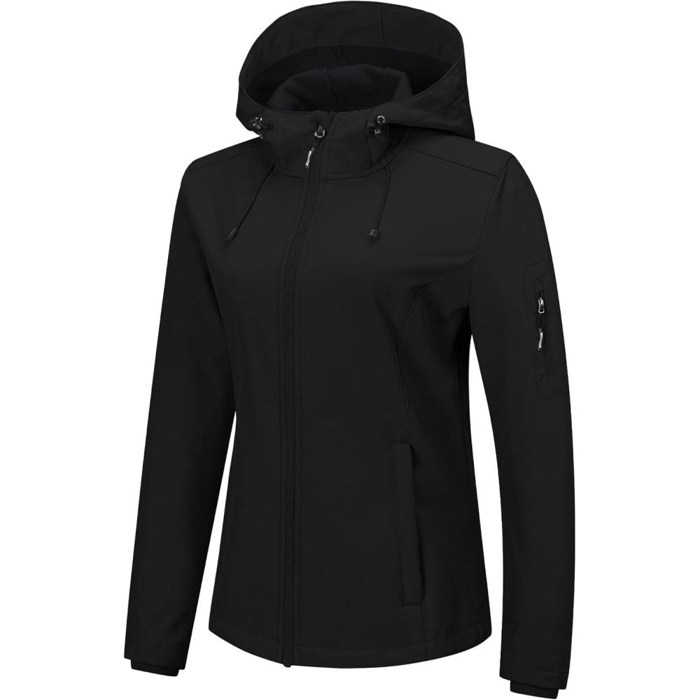 imageOutdoor Ventures Womens Softshell Jacket with Hood Fleece Lined Warm Lightweight Waterproof Insulated WindbreakerBlack