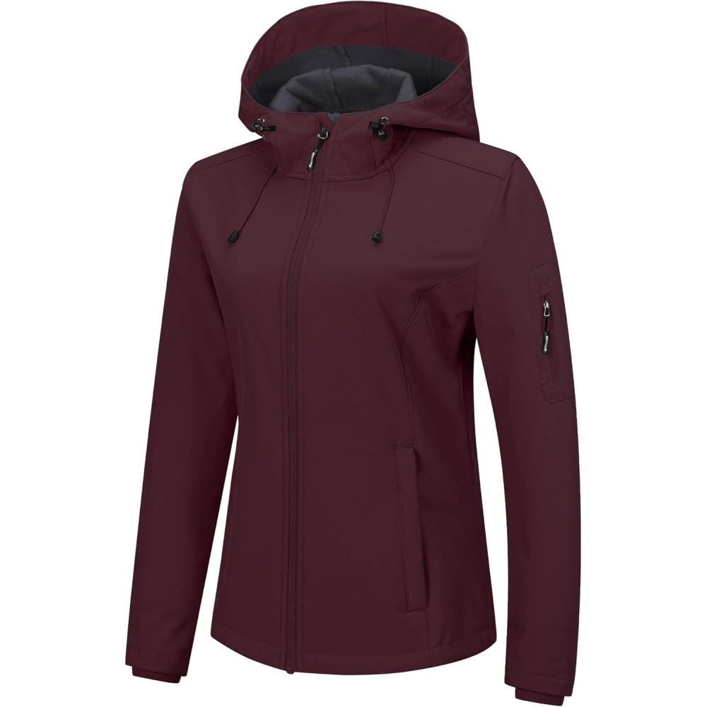 imageOutdoor Ventures Womens Softshell Jacket with Hood Fleece Lined Warm Lightweight Waterproof Insulated WindbreakerDark Red