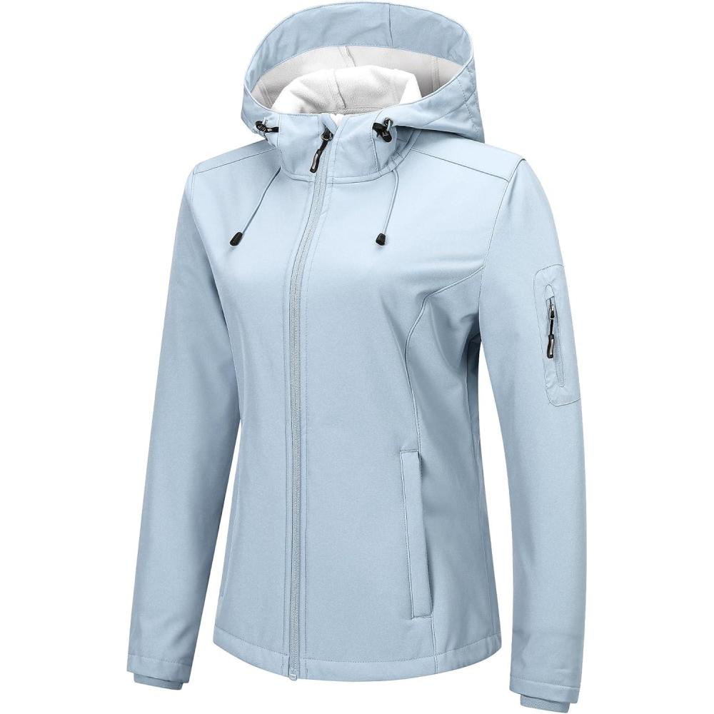 imageOutdoor Ventures Womens Softshell Jacket with Hood Fleece Lined Warm Lightweight Waterproof Insulated WindbreakerLight Blue