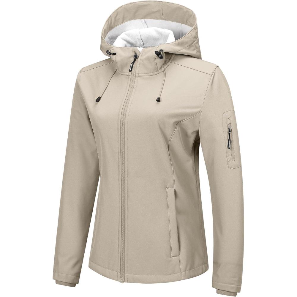 imageOutdoor Ventures Womens Softshell Jacket with Hood Fleece Lined Warm Lightweight Waterproof Insulated WindbreakerLight Khaki