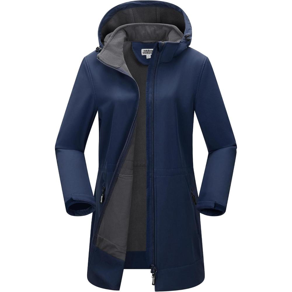 imageOutdoor Ventures Womens Softshell Jacket with Removable Hood Fleece Lined Windbreaker Insulated Long Warm Rain JacketBlue