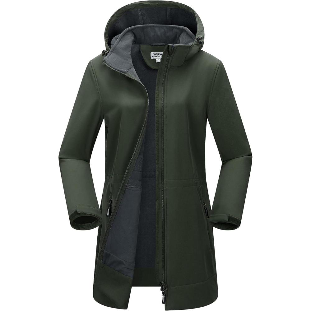 imageOutdoor Ventures Womens Softshell Jacket with Removable Hood Fleece Lined Windbreaker Insulated Long Warm Rain JacketDark Army Green