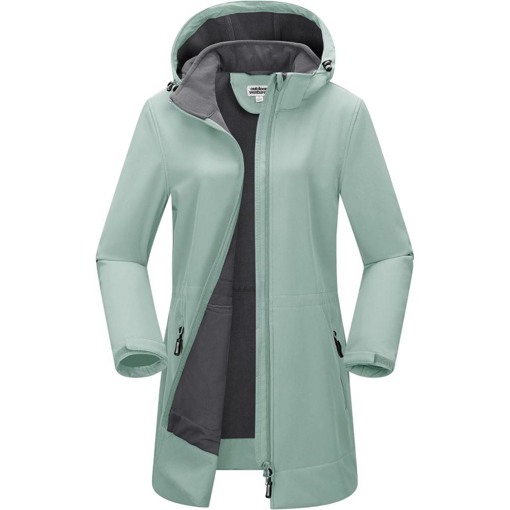 imageOutdoor Ventures Womens Softshell Jacket with Removable Hood Fleece Lined Windbreaker Insulated Long Warm Rain JacketGreen