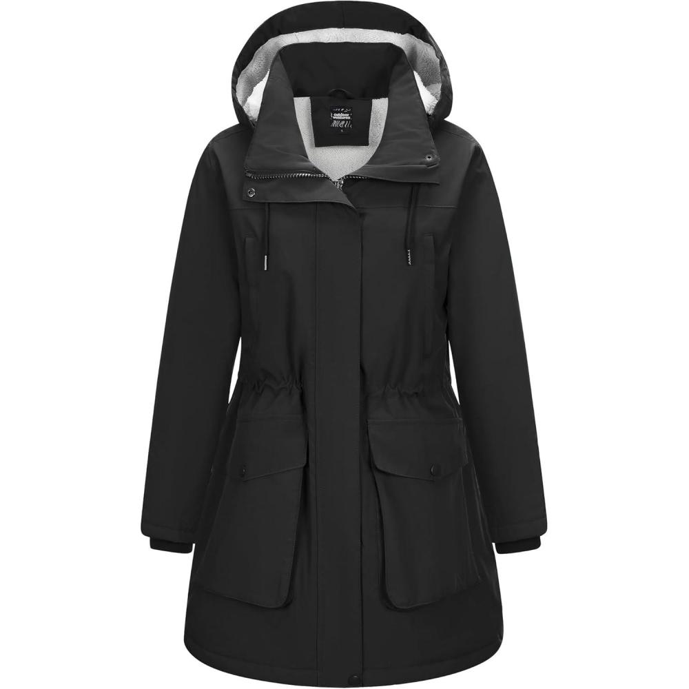 imageOutdoor Ventures Womens Waterproof Fleece Lined Winter Coat Parka Removable Hood Warm Long Insulated Thicken Puffer JacketBlack