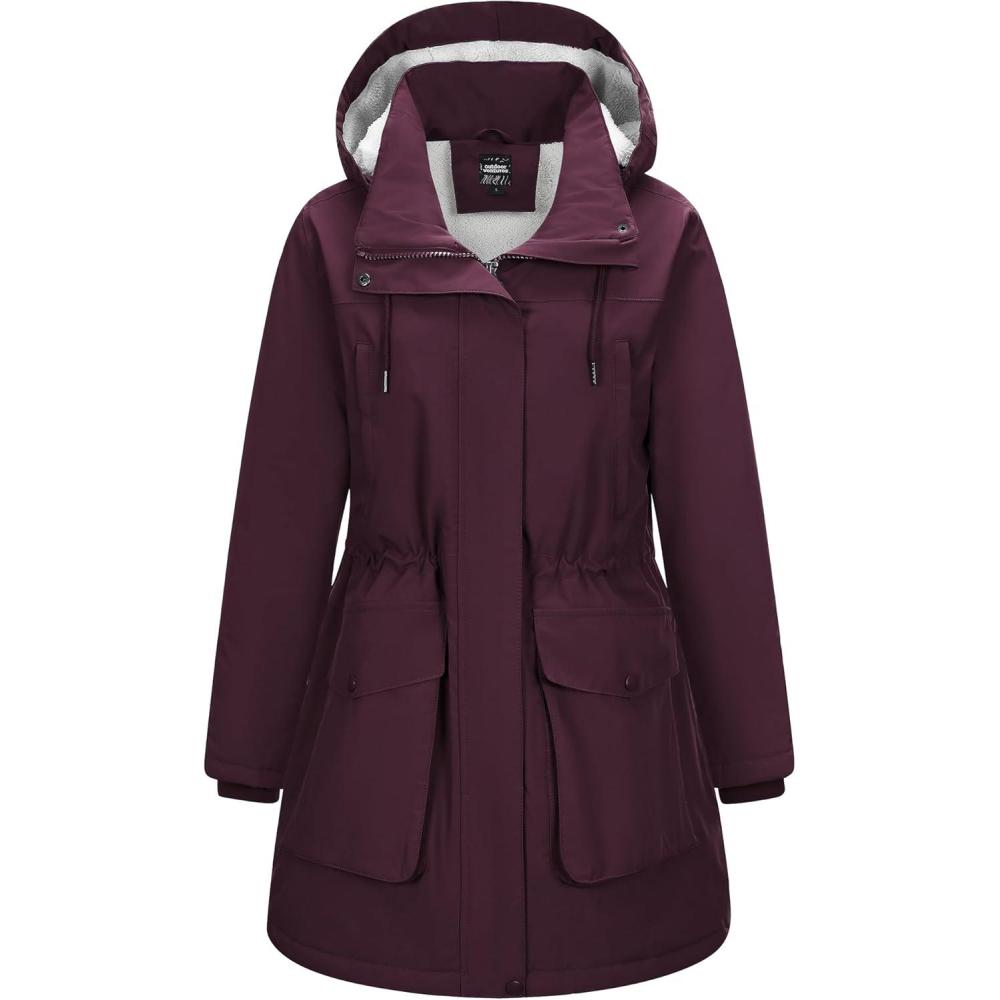 imageOutdoor Ventures Womens Waterproof Fleece Lined Winter Coat Parka Removable Hood Warm Long Insulated Thicken Puffer JacketWine