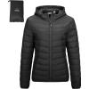 Outdoor Ventures Women’s Packable Lightweight Full-Zip Puffer Jacket with Hood Quilted Winter Coat(Black New(fold in Pocket))