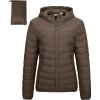 Outdoor Ventures Women’s Packable Lightweight Full-Zip Puffer Jacket with Hood Quilted Winter Coat(Brown(fold in Pocket))