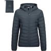 Outdoor Ventures Women’s Packable Lightweight Full-Zip Puffer Jacket with Hood Quilted Winter Coat(Dark Grey(fold in Pocket))