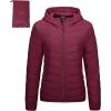 Outdoor Ventures Women’s Packable Lightweight Full-Zip Puffer Jacket with Hood Quilted Winter Coat(Dark Red(fold in Pocket))
