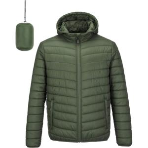 Outdoor Ventures Men’s Lightweight Packable Hooded Puffer Jacket Insulated Winter Coat for Snow Ski Traveling(Army Green(fold in Bag))