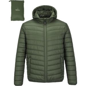 Outdoor Ventures Men’s Lightweight Packable Hooded Puffer Jacket Insulated Winter Coat for Snow Ski Traveling(Army Green(fold in Pocket))