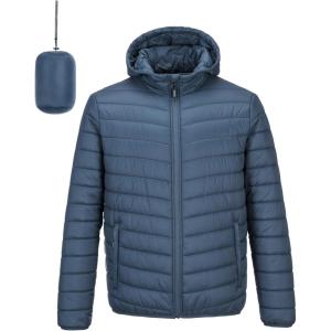 Outdoor Ventures Men’s Lightweight Packable Hooded Puffer Jacket Insulated Winter Coat for Snow Ski Traveling(Blue(fold in Bag))