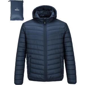 Outdoor Ventures Men’s Lightweight Packable Hooded Puffer Jacket Insulated Winter Coat for Snow Ski Traveling(Dark Denim(fold in Pocket Or Bag))