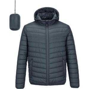 Outdoor Ventures Men’s Lightweight Packable Hooded Puffer Jacket Insulated Winter Coat for Snow Ski Traveling(Dark Grey(fold in Bag))