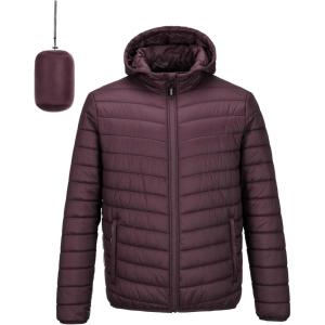 Outdoor Ventures Men’s Lightweight Packable Hooded Puffer Jacket Insulated Winter Coat for Snow Ski Traveling(Eggplant(fold in Bag))