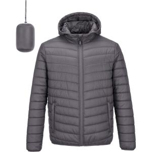 Outdoor Ventures Men’s Lightweight Packable Hooded Puffer Jacket Insulated Winter Coat for Snow Ski Traveling(Grey(fold in Bag))
