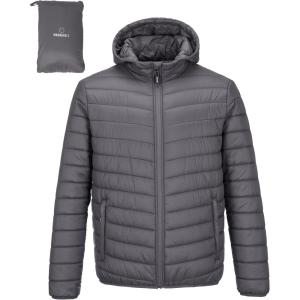 Outdoor Ventures Men’s Lightweight Packable Hooded Puffer Jacket Insulated Winter Coat for Snow Ski Traveling(Grey(fold in Pocket))