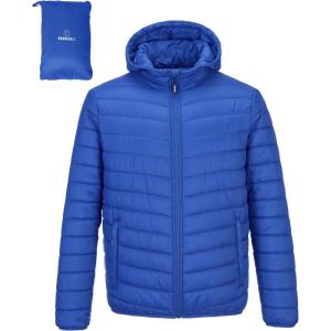 Outdoor Ventures Men’s Lightweight Packable Hooded Puffer Jacket Insulated Winter Coat for Snow Ski Traveling(Loyal Blue(fold in Pocket Or Bag))