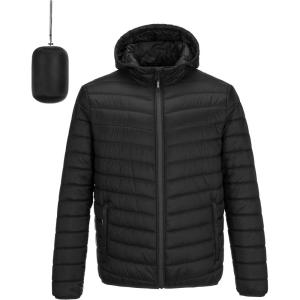 Outdoor Ventures Men’s Lightweight Packable Hooded Puffer Jacket Insulated Winter Coat for Snow Ski Traveling(New Black(fold in Bag))