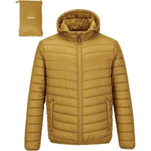 Outdoor Ventures Men’s Lightweight Packable Hooded Puffer Jacket Insulated Winter Coat for Snow Ski Traveling(Palm Yellow(fold in Pocket))