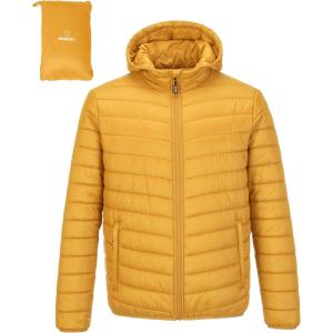 Outdoor Ventures Men’s Lightweight Packable Hooded Puffer Jacket Insulated Winter Coat for Snow Ski Traveling(Yellow(fold in Pocket))