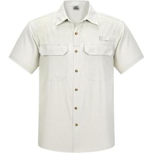 Outdoor Ventures Men’s Lightweight Short Sleeve Fishing Shirt UPF 50 Button Down Quick Dry Cooling Hiking Travel Safari Shirt(Beige)