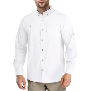 Outdoor Ventures Men’s Long Sleeve Hiking Shirt UPF 50 UV Sun Protection Shirt Cooling Quick Dry for Travel Fishing Safari(White)