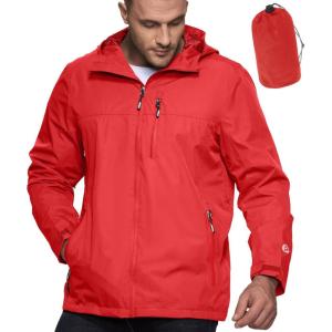 Outdoor Ventures Men’s Packable Rain Jacket Waterproof Lightweight Raincoat with Hood Windproof Cycling Jackets(Bright Red)