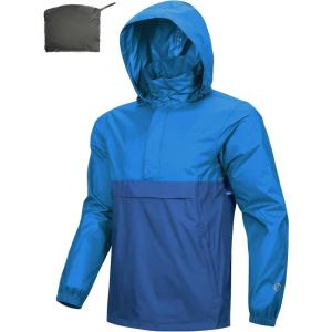 Outdoor Ventures Men’s Rain Jacket Waterproof Lightweight Packable Rain Pullover for Hiking Golf Running(Bright Blue/Classic Blue)