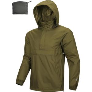 Outdoor Ventures Men’s Rain Jacket Waterproof Lightweight Packable Rain Pullover for Hiking Golf Running(Olive)
