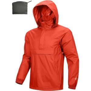 Outdoor Ventures Men’s Rain Jacket Waterproof Lightweight Packable Rain Pullover for Hiking Golf Running(Orange Red)