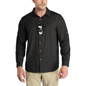 Outdoor Ventures Men’s UPF 50+ UV Sun Protection SPF Hiking Shirt Long Sleeve Lightweight Quick Dry for Safari Travel Fishing(Black)