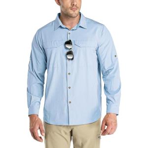 Outdoor Ventures Men’s UPF 50+ UV Sun Protection SPF Hiking Shirt Long Sleeve Lightweight Quick Dry for Safari Travel Fishing(Light Blue)