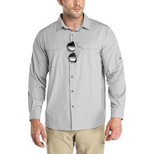 Outdoor Ventures Men’s UPF 50+ UV Sun Protection SPF Hiking Shirt Long Sleeve Lightweight Quick Dry for Safari Travel Fishing(Silver Grey)