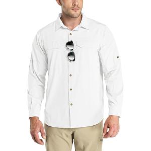Outdoor Ventures Men’s UPF 50+ UV Sun Protection SPF Hiking Shirt Long Sleeve Lightweight Quick Dry for Safari Travel Fishing(White)