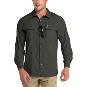 Outdoor Ventures Men’s UPF 50+ UV Sun Protection Shirt, Long Sleeve Hiking Fishing Shirt Cooling Quick Dry for Safari Travel(Army Green)