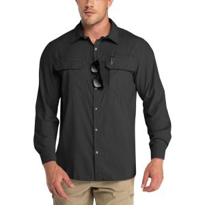 Outdoor Ventures Men’s UPF 50+ UV Sun Protection Shirt, Long Sleeve Hiking Fishing Shirt Cooling Quick Dry for Safari Travel(Black)
