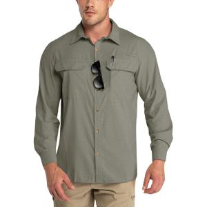 Outdoor Ventures Men’s UPF 50+ UV Sun Protection Shirt, Long Sleeve Hiking Fishing Shirt Cooling Quick Dry for Safari Travel(Green Gray)