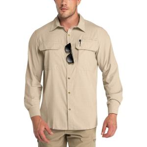 Outdoor Ventures Men’s UPF 50+ UV Sun Protection Shirt, Long Sleeve Hiking Fishing Shirt Cooling Quick Dry for Safari Travel(Khaki)