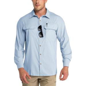 Outdoor Ventures Men’s UPF 50+ UV Sun Protection Shirt, Long Sleeve Hiking Fishing Shirt Cooling Quick Dry for Safari Travel(Light Blue)