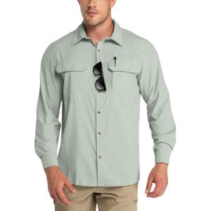 Outdoor Ventures Men’s UPF 50+ UV Sun Protection Shirt, Long Sleeve Hiking Fishing Shirt Cooling Quick Dry for Safari Travel(Light Green)